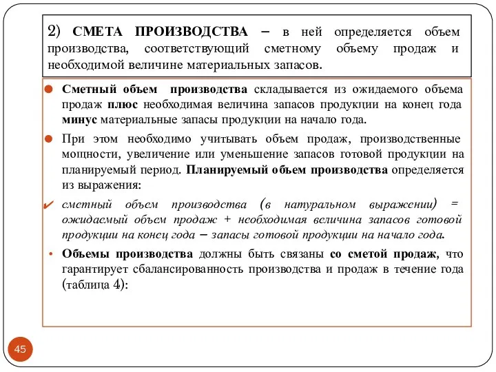 2) СМЕТА ПРОИЗВОДСТВА – в ней определяется объем производства, соответствующий сметному