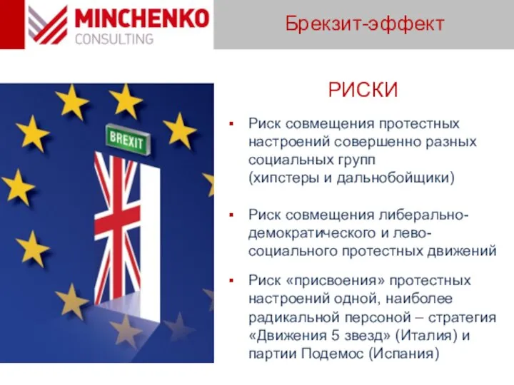 Брекзит-эффект РИСКИ Риск совмещения протестных настроений совершенно разных социальных групп (хипстеры