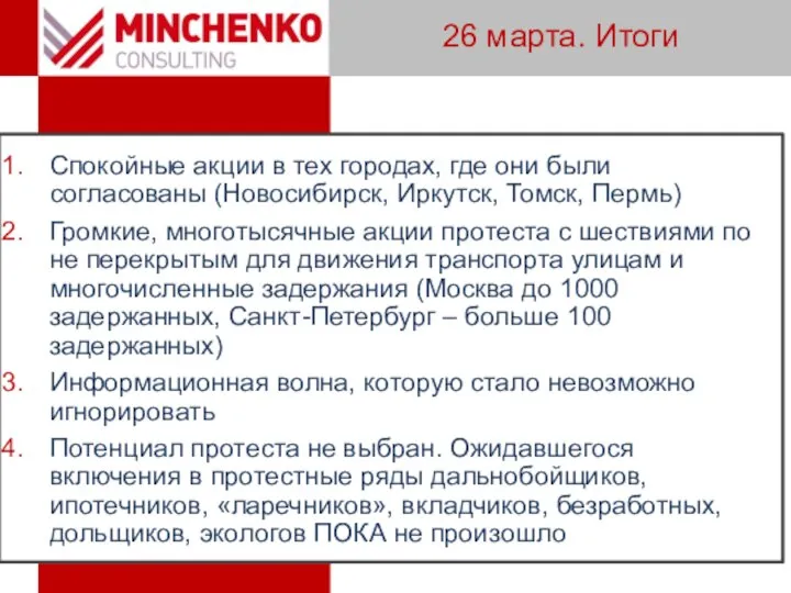 26 марта. Итоги Спокойные акции в тех городах, где они были