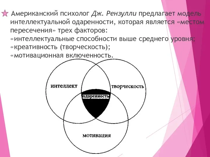 Американский психолог Дж. Рензулли предлагает модель интеллектуальной одаренности, которая является «местом