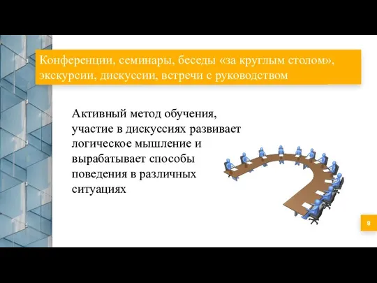 Конференции, семинары, беседы «за круглым столом», экскурсии, дискуссии, встречи с руководством