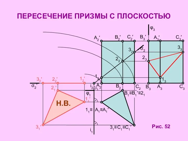 ПЕРЕСЕЧЕНИЕ ПРИЗМЫ С ПЛОСКОСТЬЮ Рис. 52 σ2 А2 В2 С2 А2′