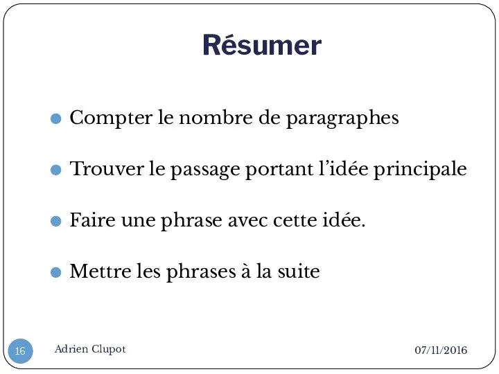 Résumer 07/11/2016 Adrien Clupot Compter le nombre de paragraphes Trouver le