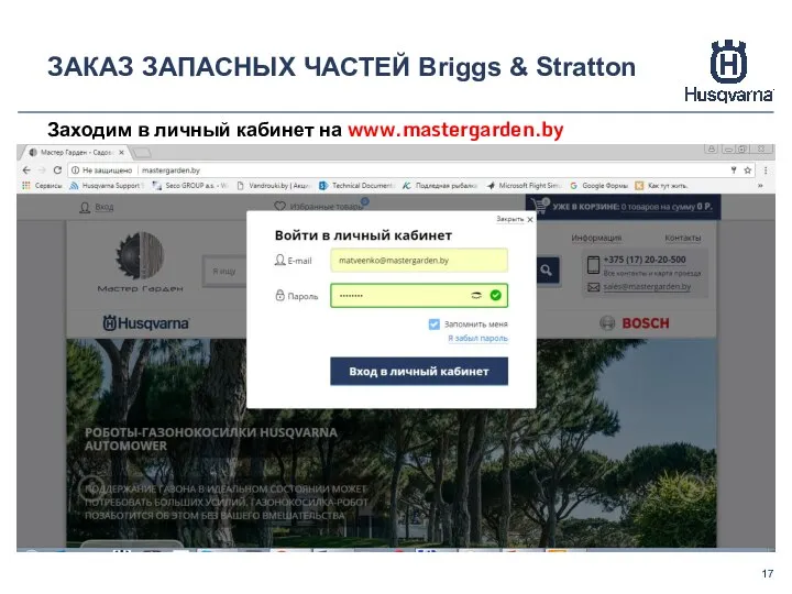 ЗАКАЗ ЗАПАСНЫХ ЧАСТЕЙ Briggs & Stratton Заходим в личный кабинет на www.mastergarden.by