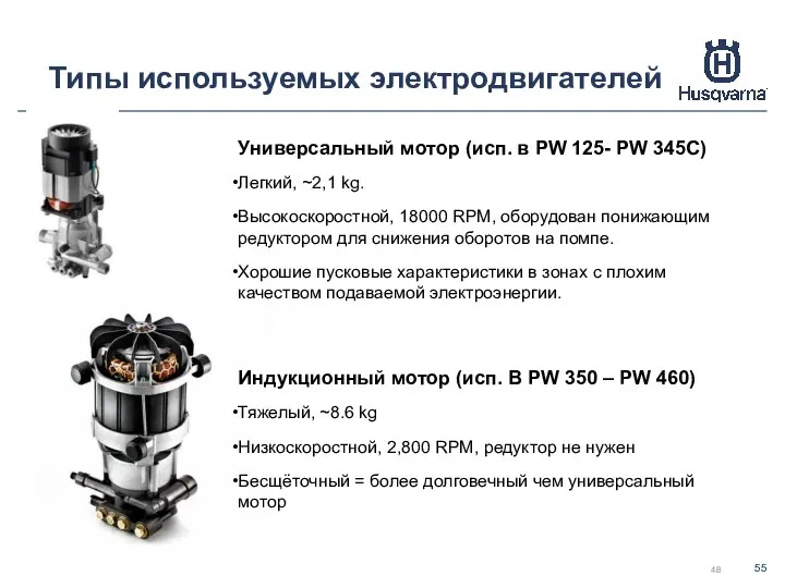 Типы используемых электродвигателей Универсальный мотор (исп. в PW 125- PW 345C)