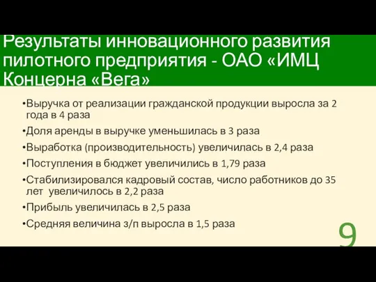 Результаты инновационного развития пилотного предприятия - ОАО «ИМЦ Концерна «Вега» Выручка