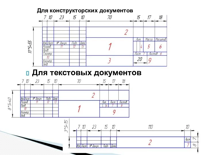 Для конструкторских документов Для текстовых документов