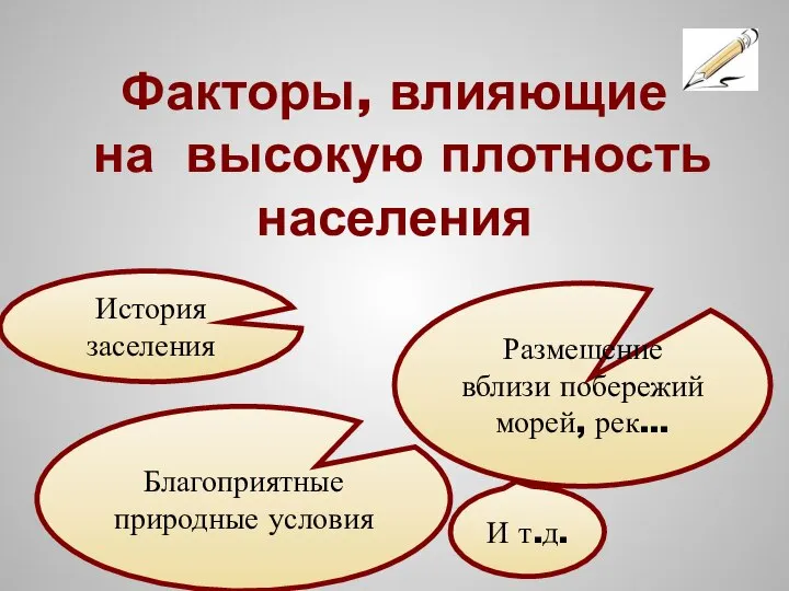 Факторы, влияющие на высокую плотность населения Благоприятные природные условия История заселения