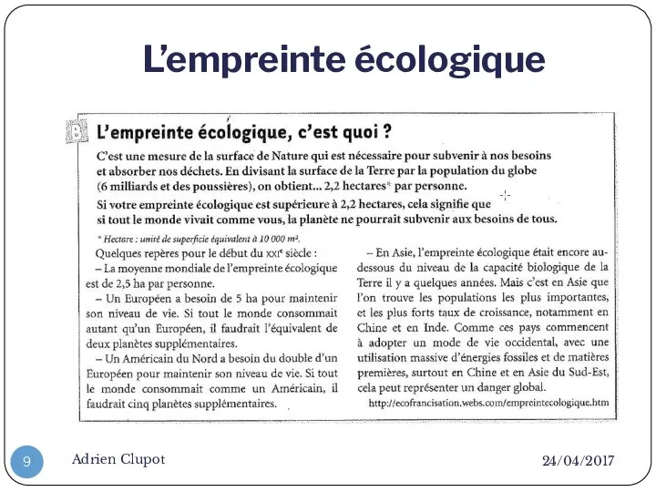 L’empreinte écologique 24/04/2017 Adrien Clupot