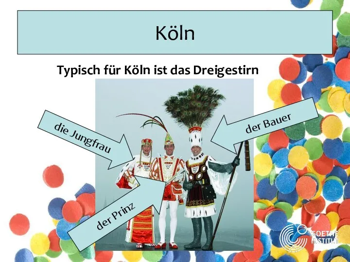 Köln Typisch für Köln ist das Dreigestirn die Jungfrau der Prinz der Bauer