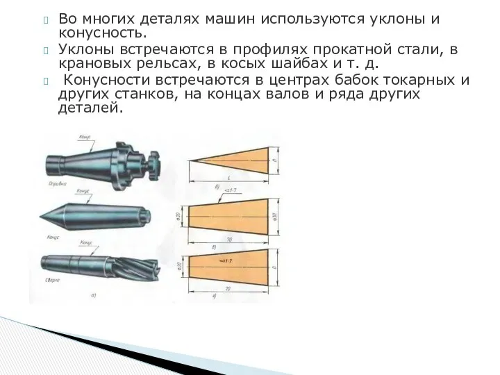 Во многих деталях машин используются уклоны и конусность. Уклоны встречаются в