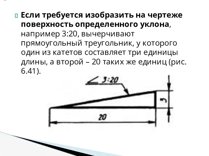 Если требуется изобразить на чертеже поверхность определенного уклона, например 3:20, вычерчивают