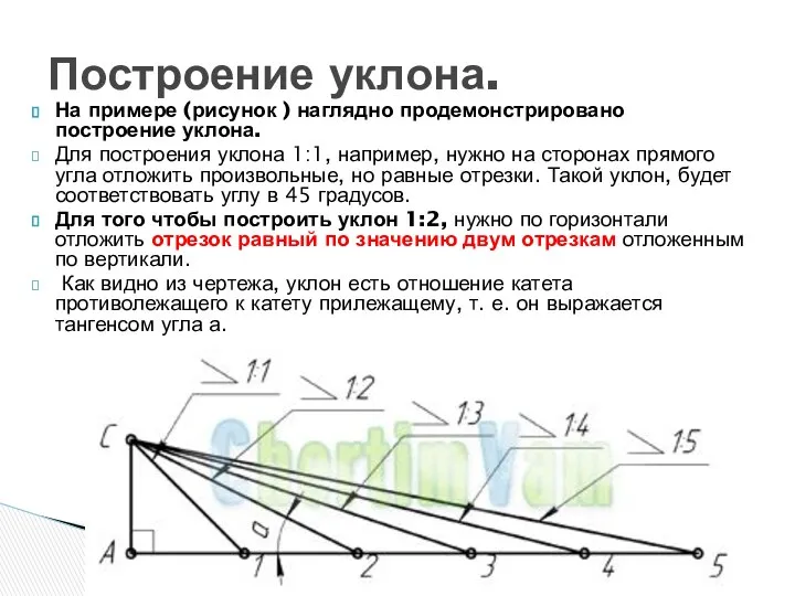 На примере (рисунок ) наглядно продемонстрировано построение уклона. Для построения уклона