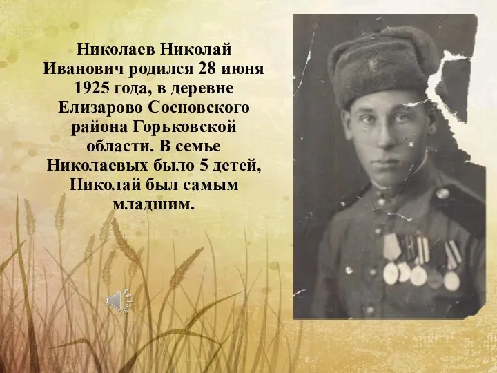 Николаев Николай Иванович родился 28 июня 1925 года, в деревне Елизарово