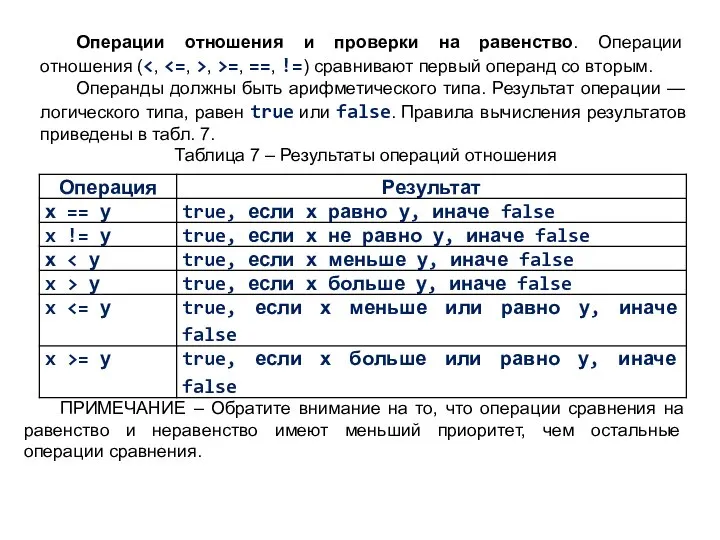 Операции отношения и проверки на равенство. Операции отношения ( , >=,