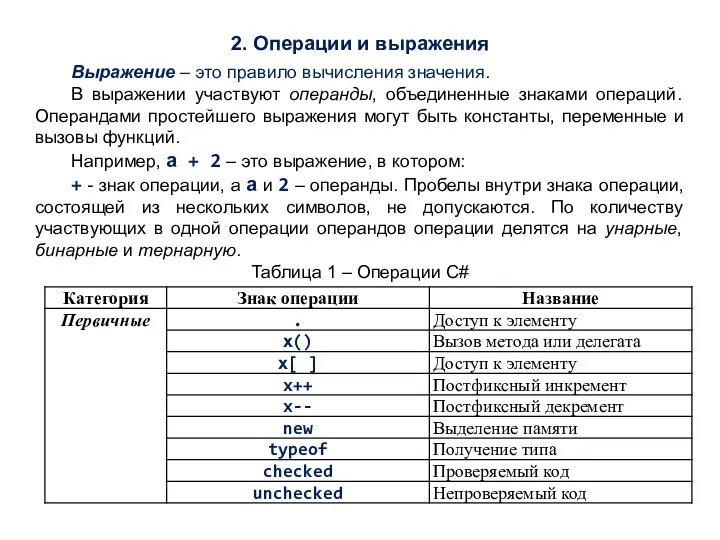 2. Операции и выражения Выражение – это правило вычисления значения. В