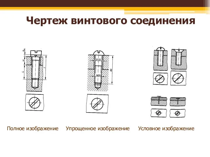 Чертеж винтового соединения Полное изображение Упрощенное изображение Условное изображение