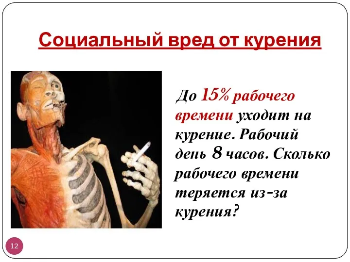 Социальный вред от курения До 15% рабочего времени уходит на курение.