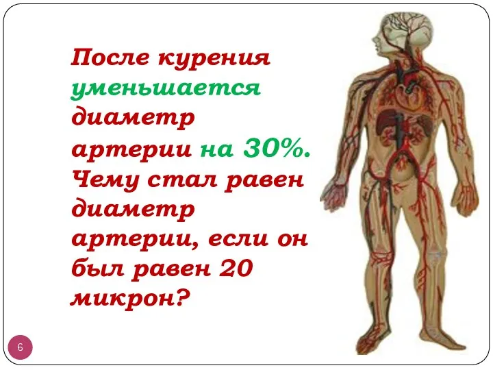 После курения уменьшается диаметр артерии на 30%.Чему стал равен диаметр артерии,