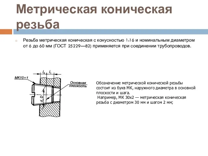 Метрическая коническая резьба Резьба метрическая коническая с конусностью 1:16 и номинальным