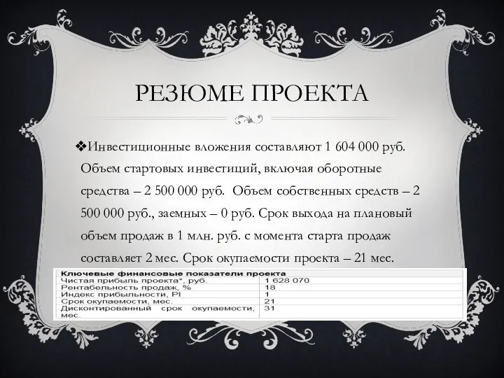 РЕЗЮМЕ ПРОЕКТА Инвестиционные вложения составляют 1 604 000 руб. Объем стартовых