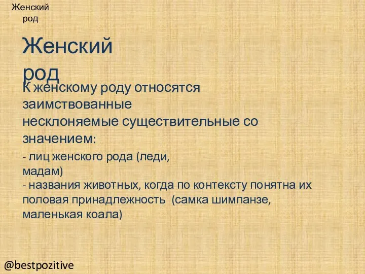 Женский род К женскому роду относятся заимствованные несклоняемые существительные со значением: