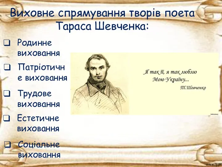 Виховне спрямування творів поета Тараса Шевченка: Патріотичне виховання Естетичне виховання Родинне виховання Трудове виховання Соціальне виховання