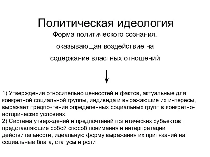 Политическая идеология Форма политического сознания, оказывающая воздействие на содержание властных отношений