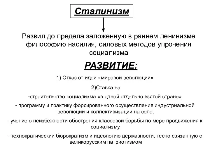 Сталинизм Развил до предела заложенную в раннем ленинизме философию насилия, силовых