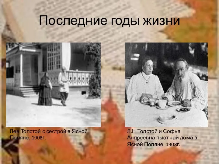 Последние годы жизни Лев Толстой с сестрой в Ясной Поляне. 1908г.