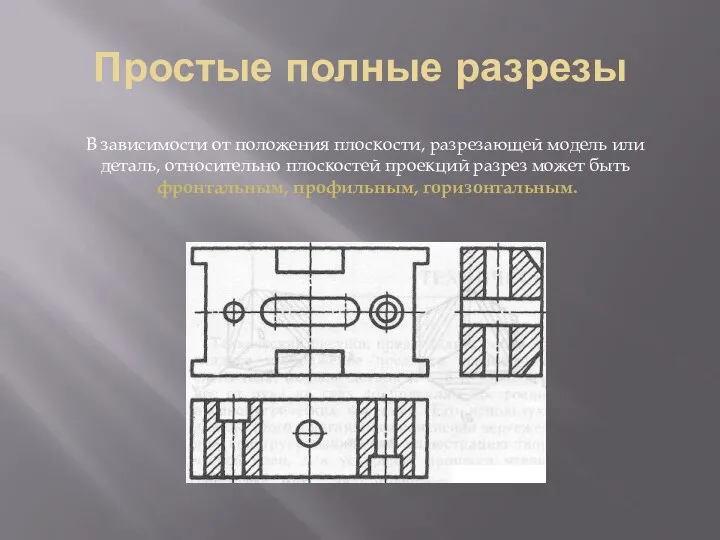 Простые полные разрезы В зависимости от положения плоскости, разрезающей модель или