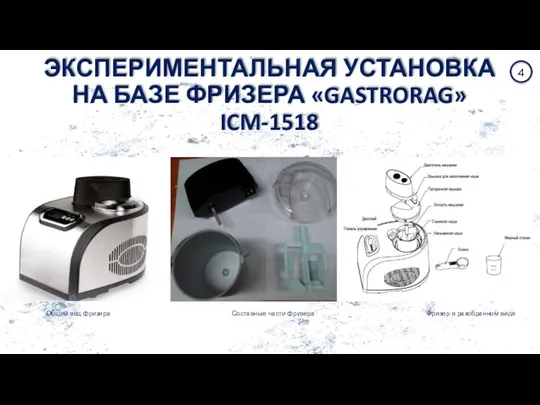 ЭКСПЕРИМЕНТАЛЬНАЯ УСТАНОВКА НА БАЗЕ ФРИЗЕРА «GASTRORAG» ICM-1518 Общий вид фризера Составные