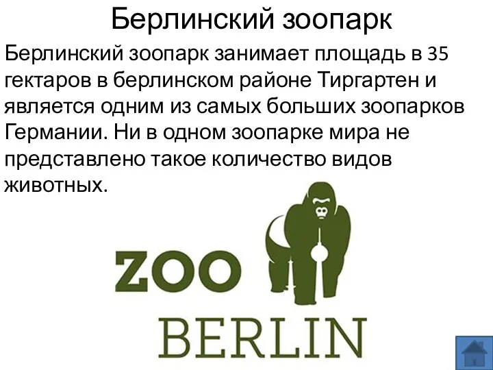 Берлинский зоопарк Берлинский зоопарк занимает площадь в 35 гектаров в берлинском