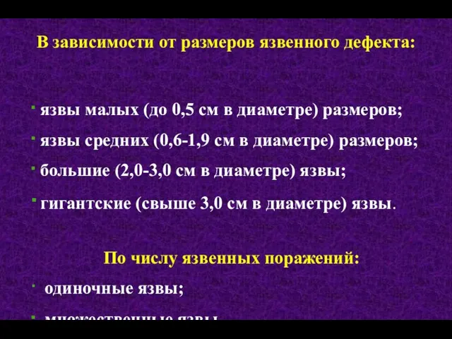 В зависимости от размеров язвенного дефекта: язвы малых (до 0,5 см