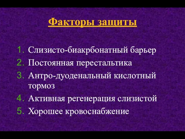 Слизисто-биакрбонатный барьер Постоянная перестальтика Антро-дуоденальный кислотный тормоз Активная регенерация слизистой Хорошее кровоснабжение Факторы защиты