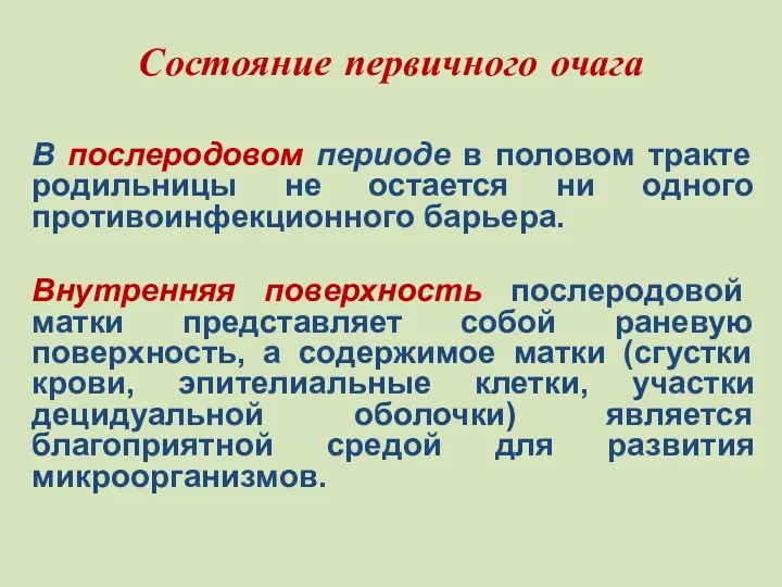 Состояние первичного очага В послеродовом периоде в половом тракте родильницы не