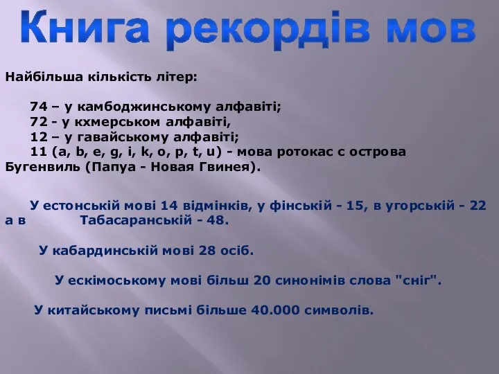 Найбільша кількість літер: 74 – у камбоджинському алфавіті; 72 - у