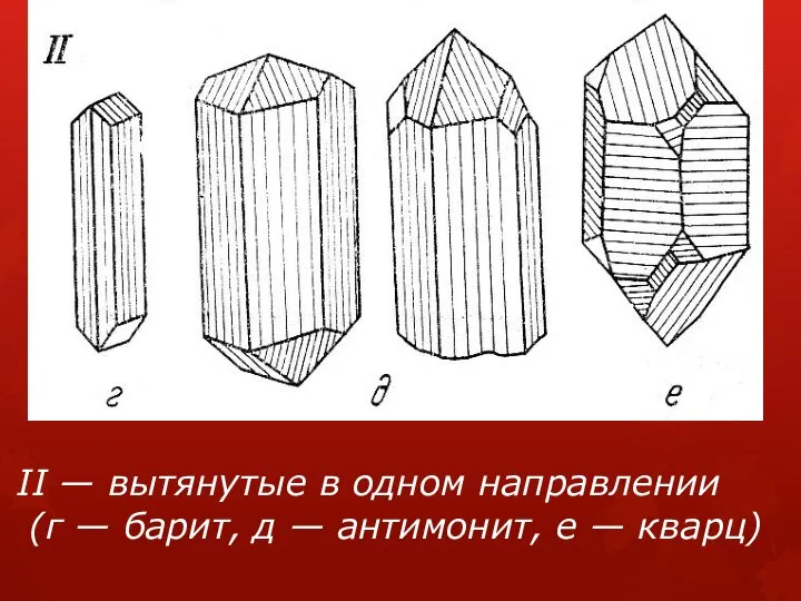 II — вытянутые в одном направлении (г — барит, д — антимонит, е — кварц)