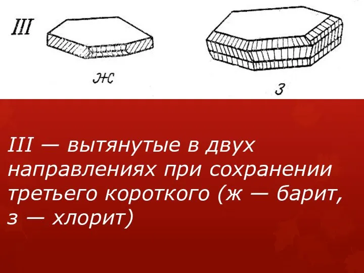 III — вытянутые в двух направлениях при сохранении третьего короткого (ж — барит, з — хлорит)