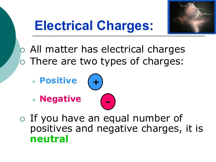 All matter has electrical charges There are two types of charges: