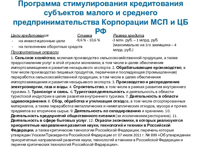 Программа стимулирования кредитования субъектов малого и среднего предпринимательства Корпорации МСП и