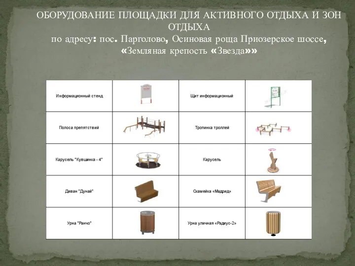 ОБОРУДОВАНИЕ ПЛОЩАДКИ ДЛЯ АКТИВНОГО ОТДЫХА И ЗОН ОТДЫХА по адресу: пос.