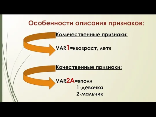 Особенности описания признаков: Количественные признаки: VAR1=«возраст, лет» Качественные признаки: VAR2A=«пол» 1-девочка 2-мальчик