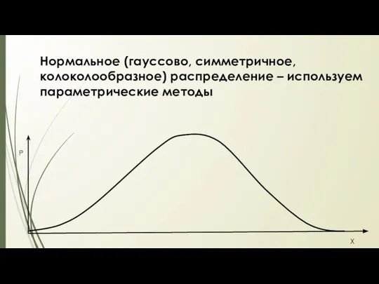 Нормальное (гауссово, симметричное, колоколообразное) распределение – используем параметрические методы Р Х