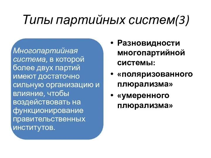 Типы партийных систем(3) Разновидности многопартийной системы: «поляризованного плюрализма» «умеренного плюрализма»