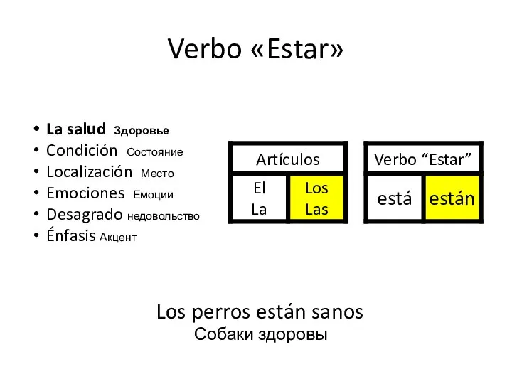 Verbo «Estar» Los perros están sanos Собаки здоровы La salud Здоровье