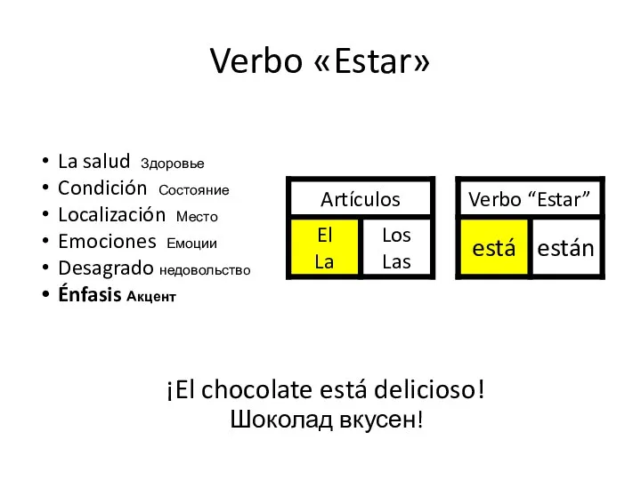 Verbo «Estar» ¡El chocolate está delicioso! Шоколад вкусен! La salud Здоровье