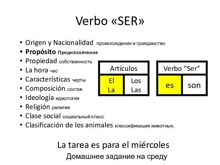 Verbo «SER» Origen y Nacionalidad происхождениe и гражданствo Propósito Предназначение Propiedad