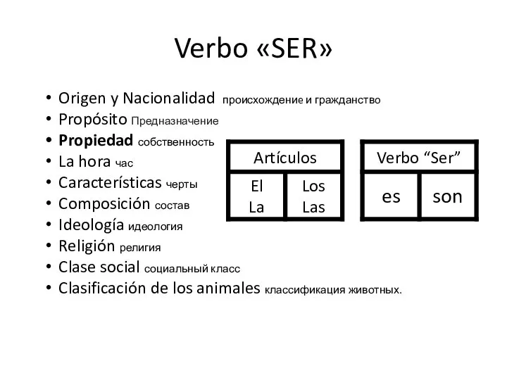 Verbo «SER» Origen y Nacionalidad происхождениe и гражданствo Propósito Предназначение Propiedad