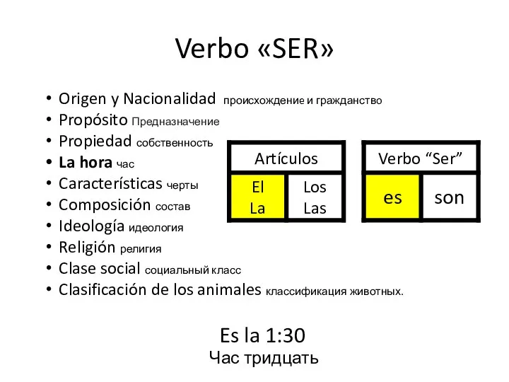 Verbo «SER» Origen y Nacionalidad происхождениe и гражданствo Propósito Предназначение Propiedad